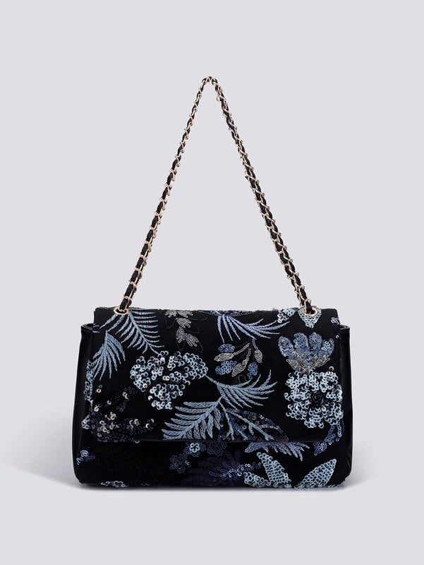 10 Pieces Women's Large Hemp Material Flower Elegant Sequins Square Flip Cover Crossbody Bag