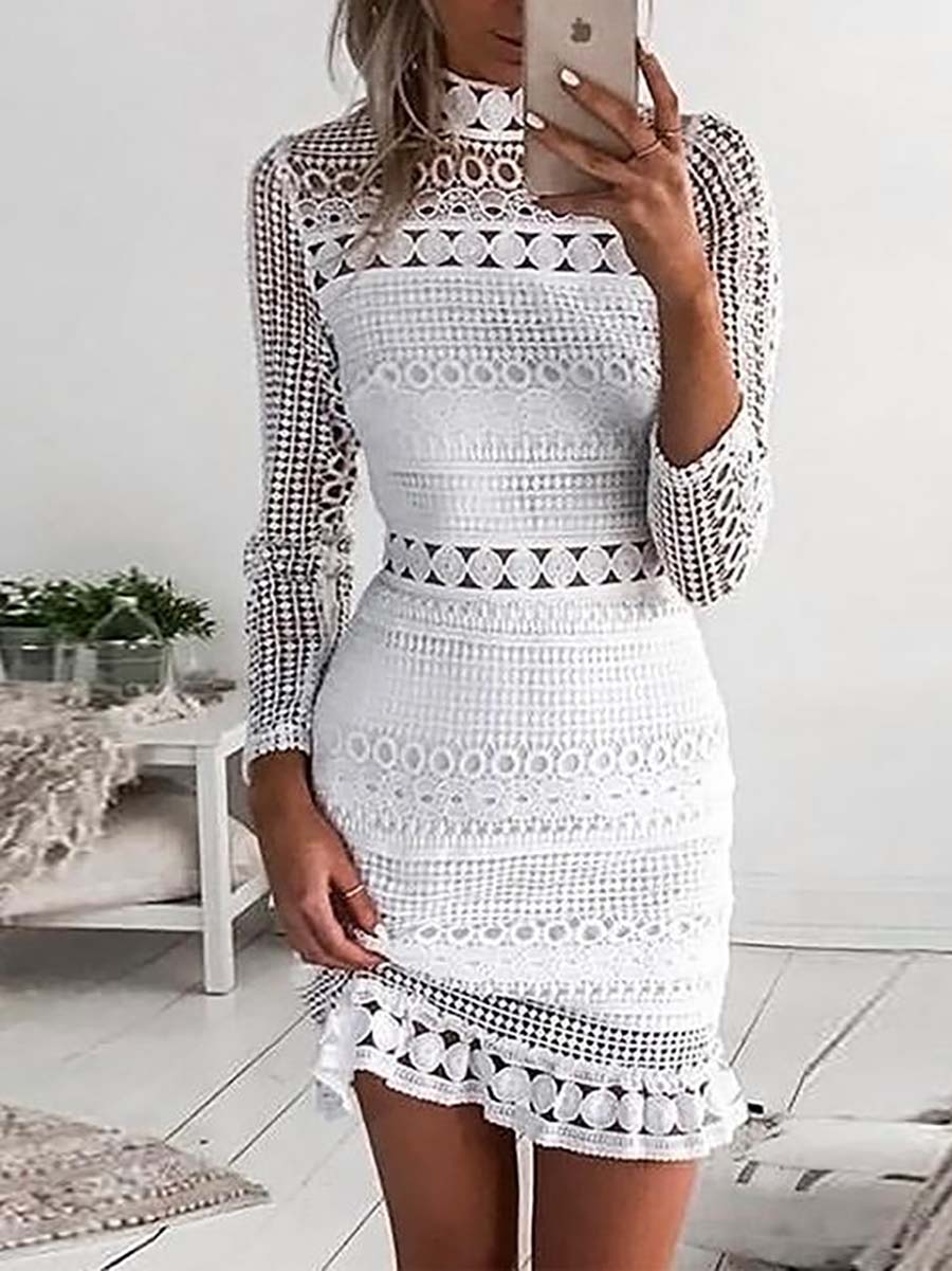 Back Zipper Lace Splice Hollow Out Mini Dress