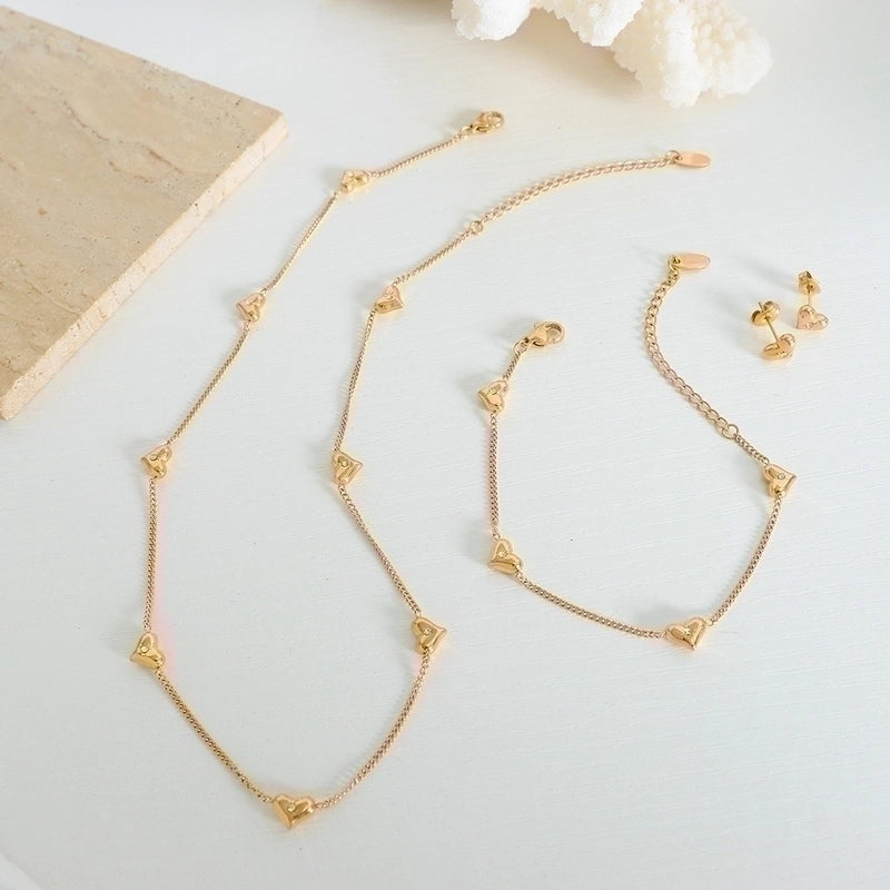 Elegant Minimalist Heart Shape Titanium Steel Zircon 18K Gold Plated Inlay Bracelets Earrings Necklace