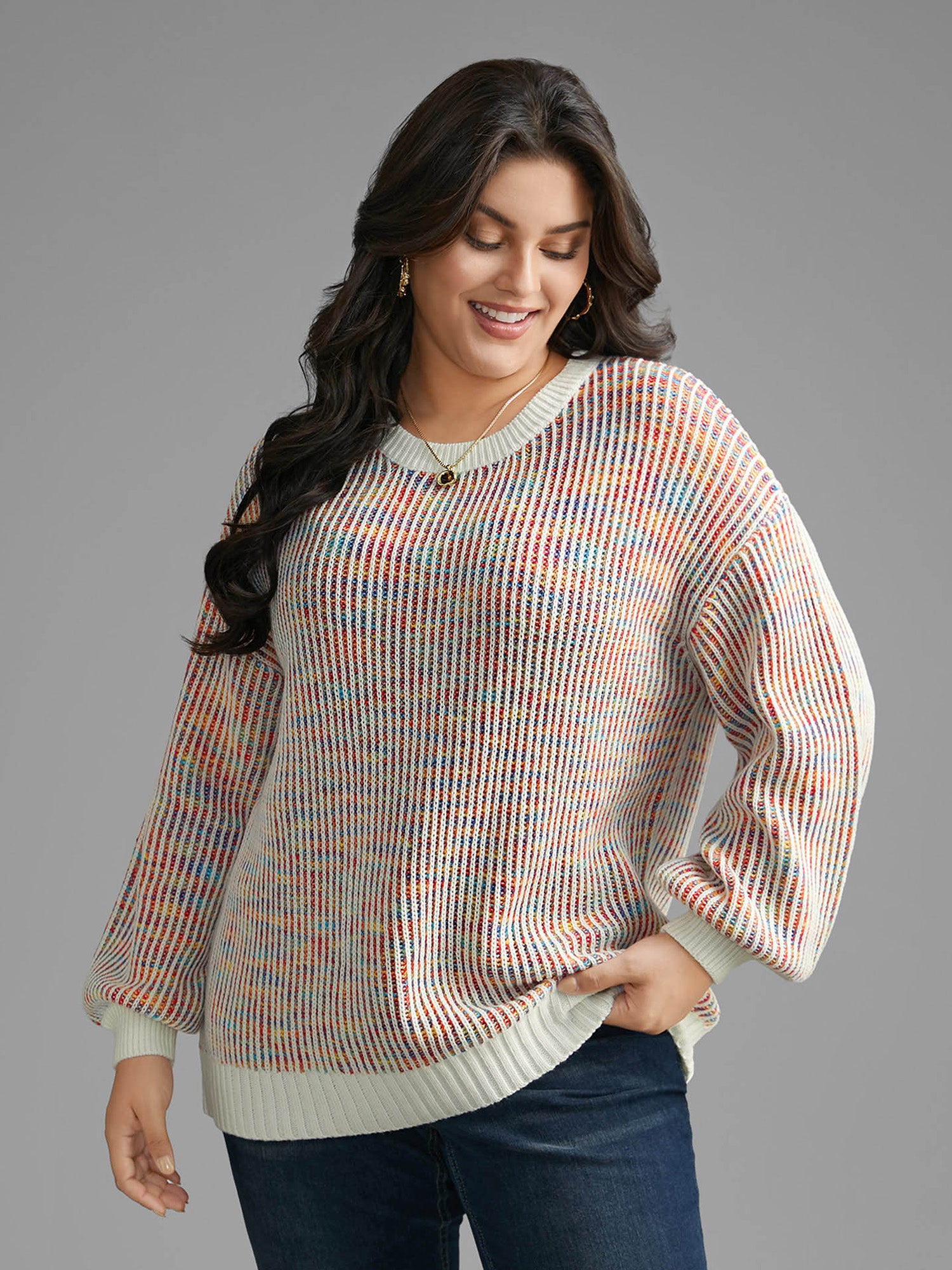 Round Neck Texture Contrast Heather Pullover