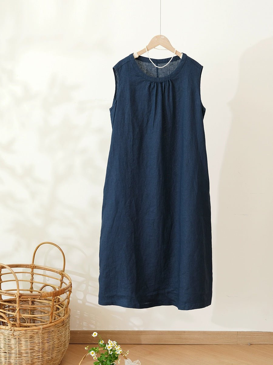 Women Summer Casual Pure Color 100%Linen Vest Dress