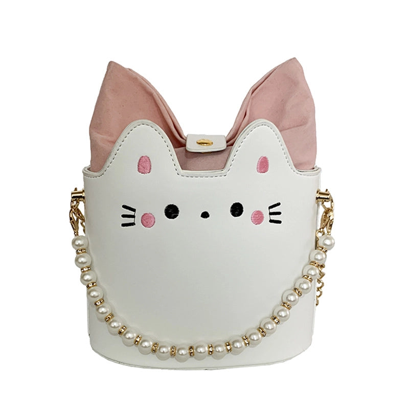 Women's Small Pu Leather Cat Cute Streetwear Pearls Bucket Magnetic Buckle Crossbody Bag