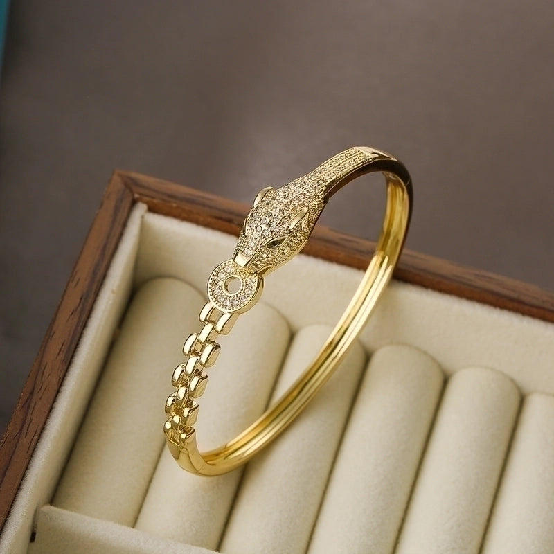 2 Pieces Hip-hop Leopard Copper 18k Gold Plated Pearl Zircon Bangle In Bulk