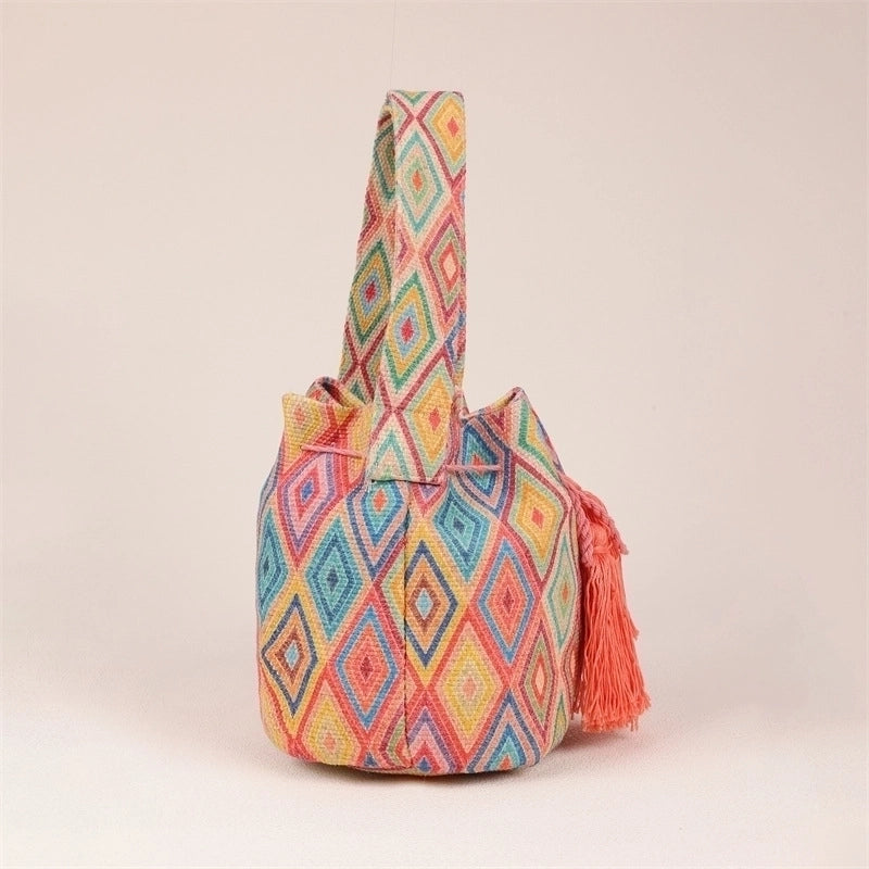 Women's Medium Canvas Geometric Ethnic Style Bucket Open Bucket Bag