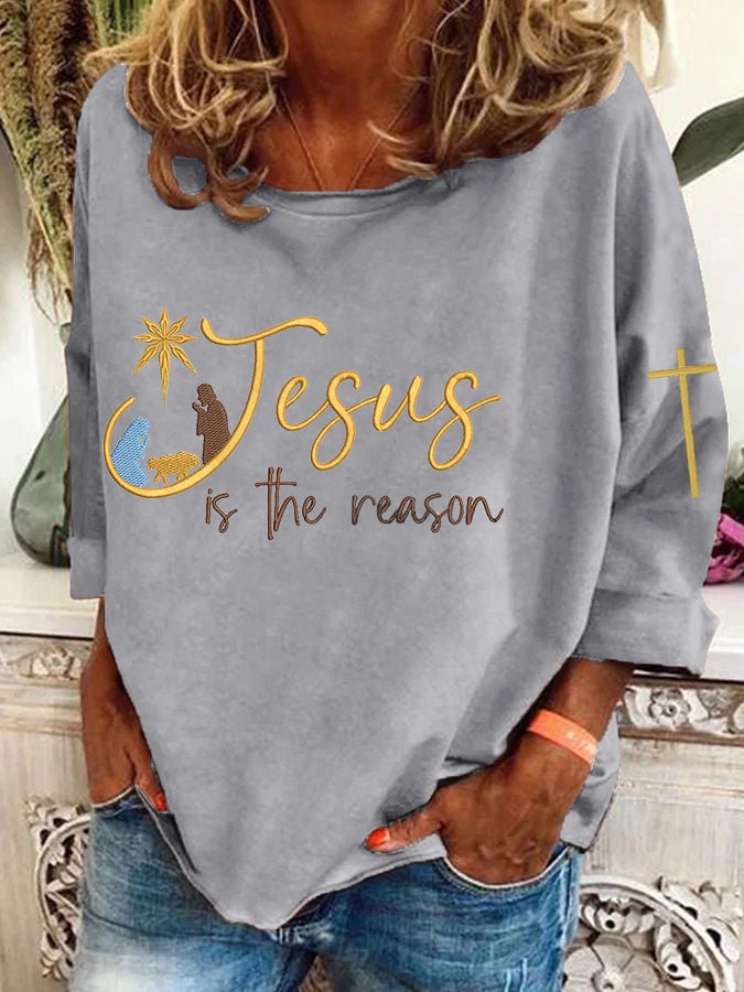 Women's Christmas Religious Jesus Is The Reason Cross Print T-Shirt