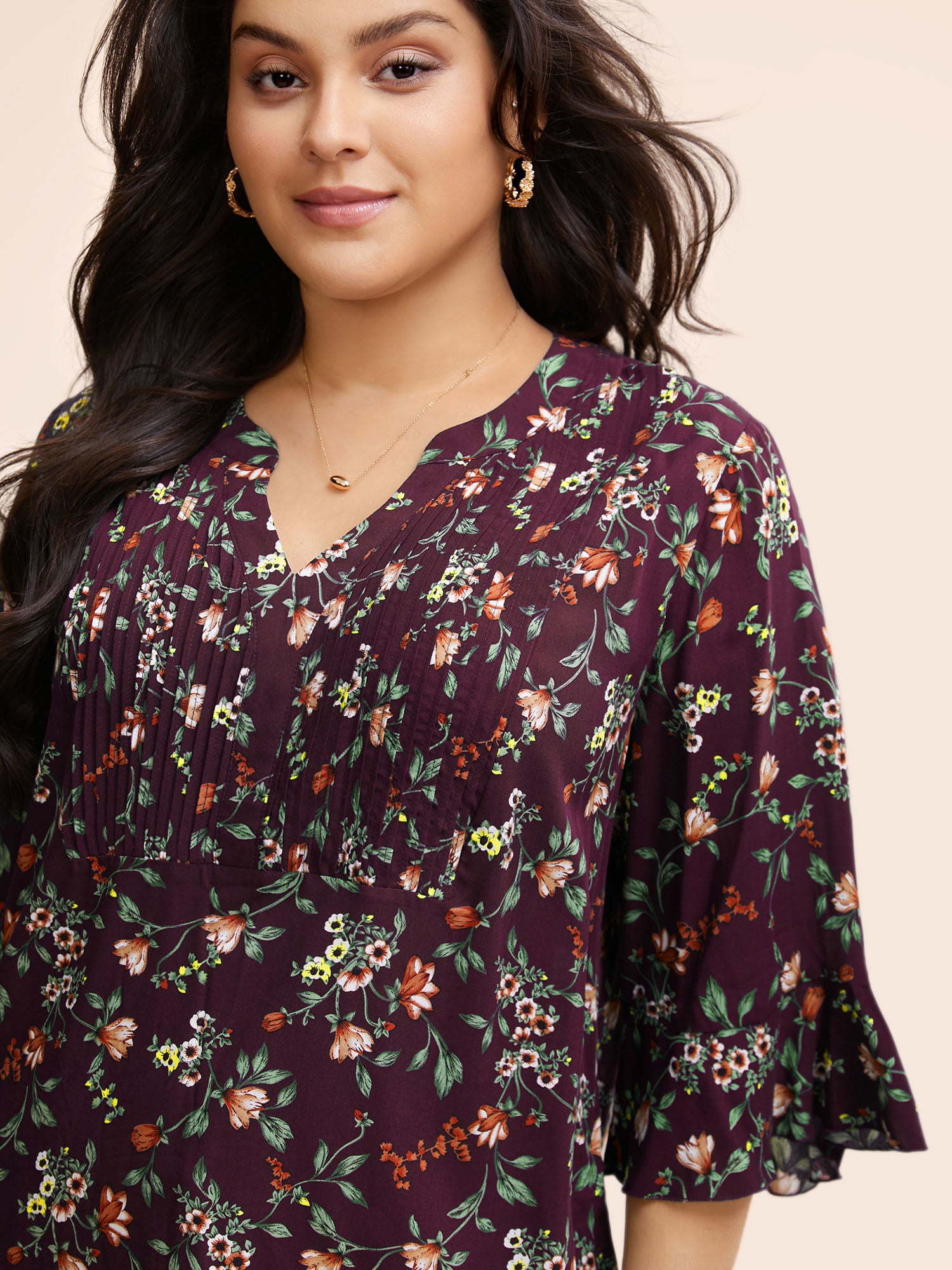 Ditsy Floral Pleated Flutter Sleeve Blouse