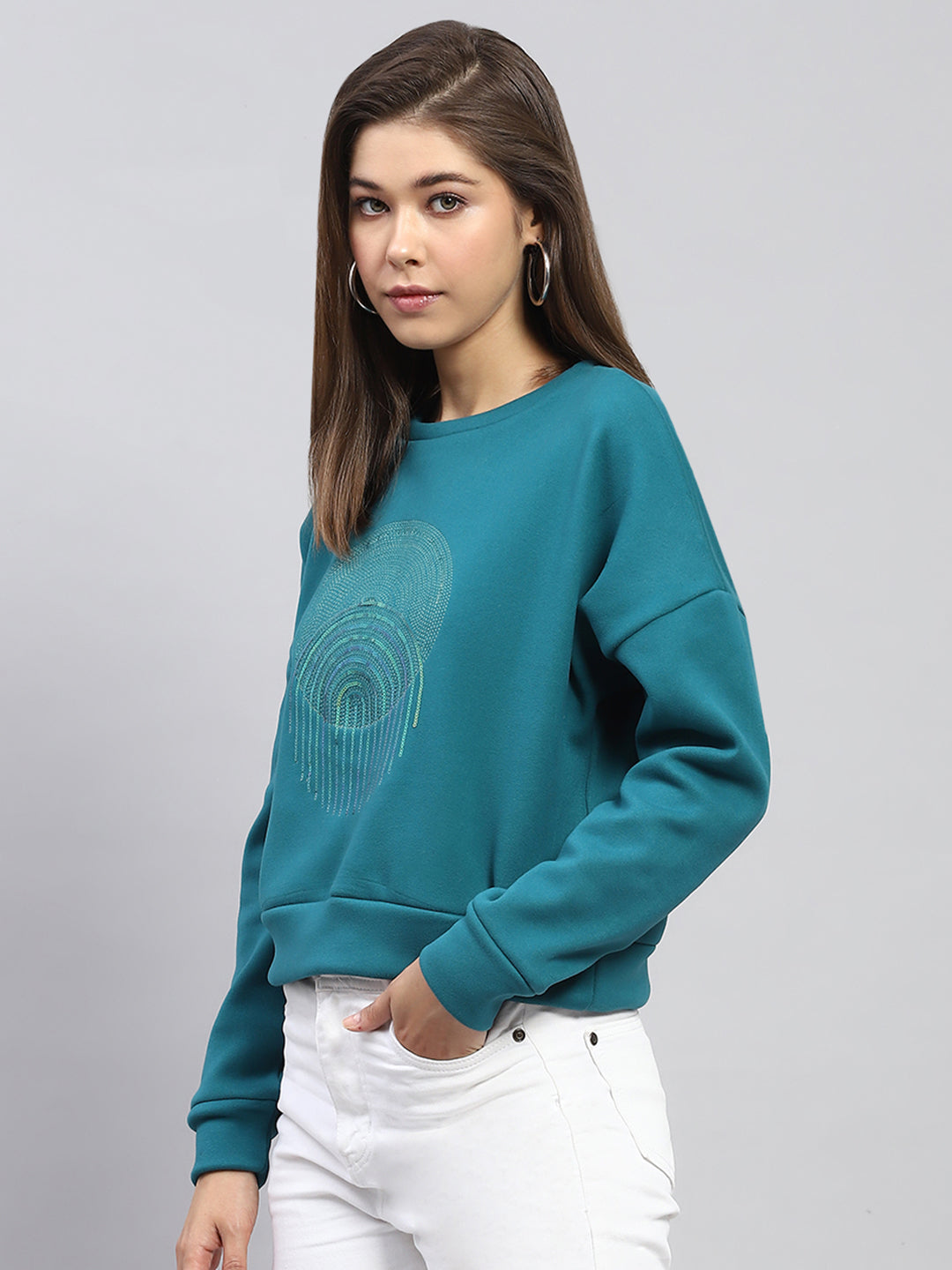 Women Green Printed Round Neck Full Sleeve Sweatshirt