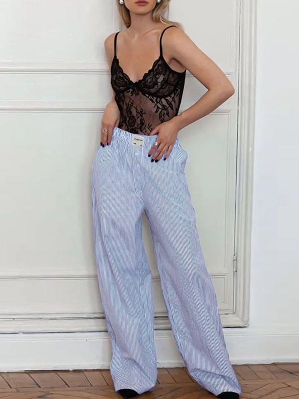 High Waisted Loose Elasticity Split-Joint Striped Pants Trousers