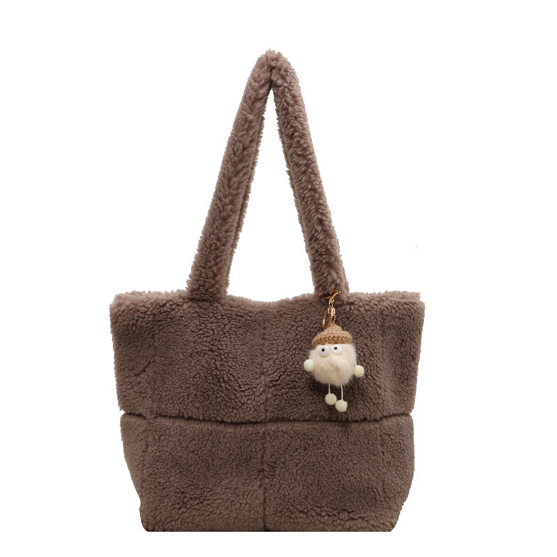 Women's Large Plush Solid Color Streetwear Bucket Magnetic Buckle Tote Bag