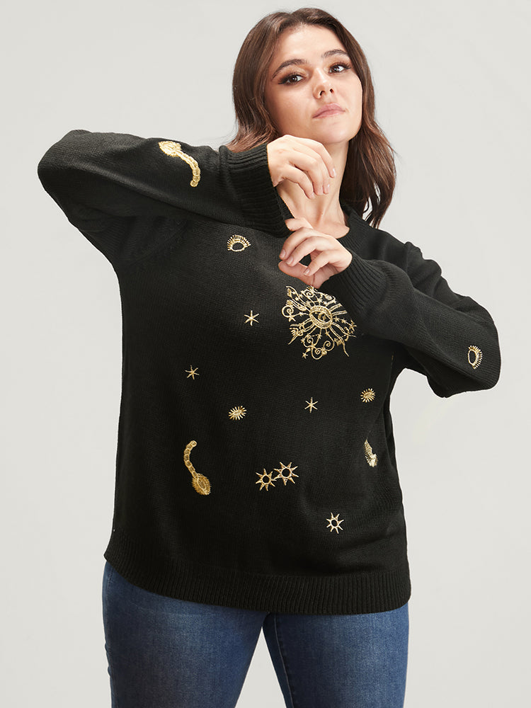 Halloween Moon And Star Pointelle Knit Embroidered Knit Top