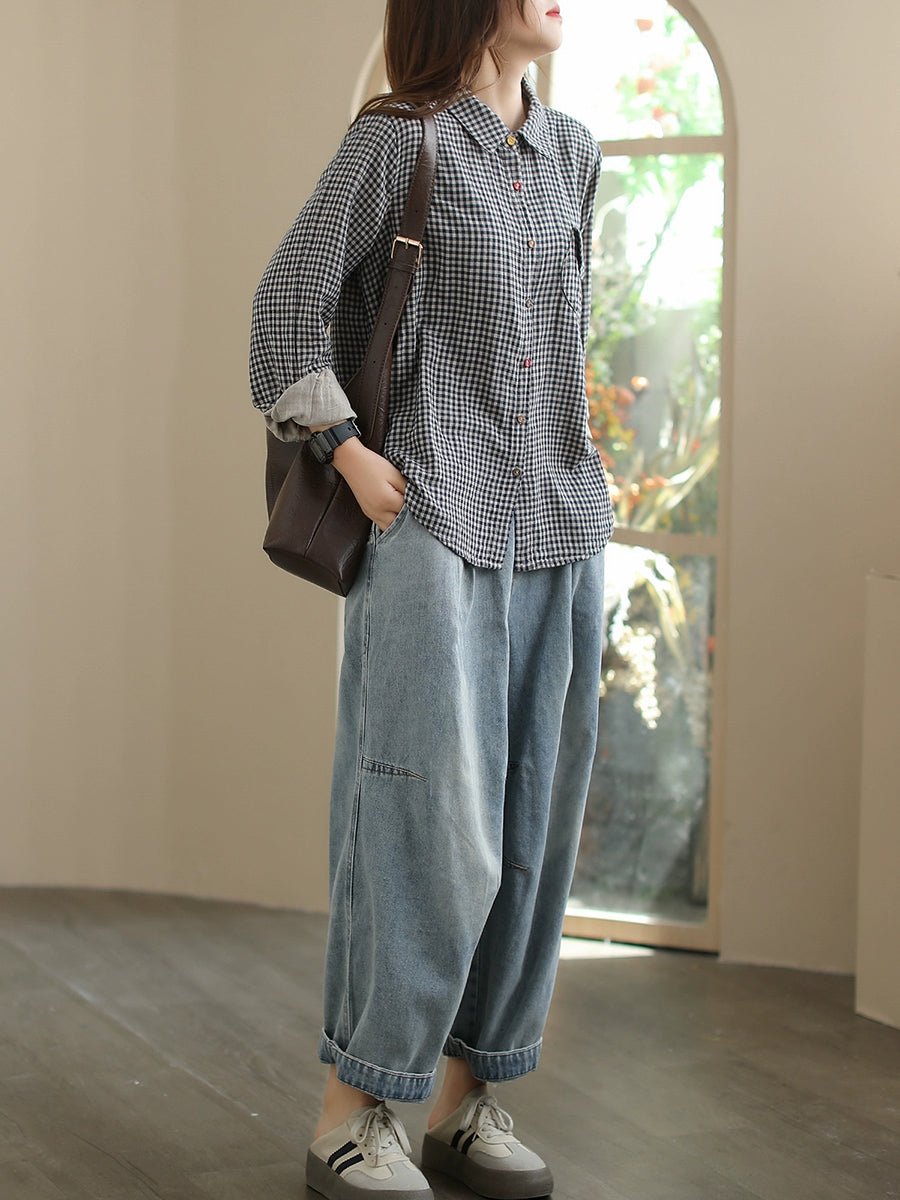 Women Summer Retro Plaid Turn-down Collar Shirt