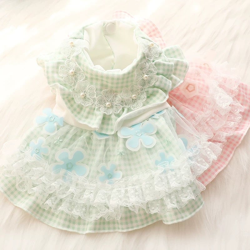 Plaid Flower Decor Tulle Dog Cat Dress