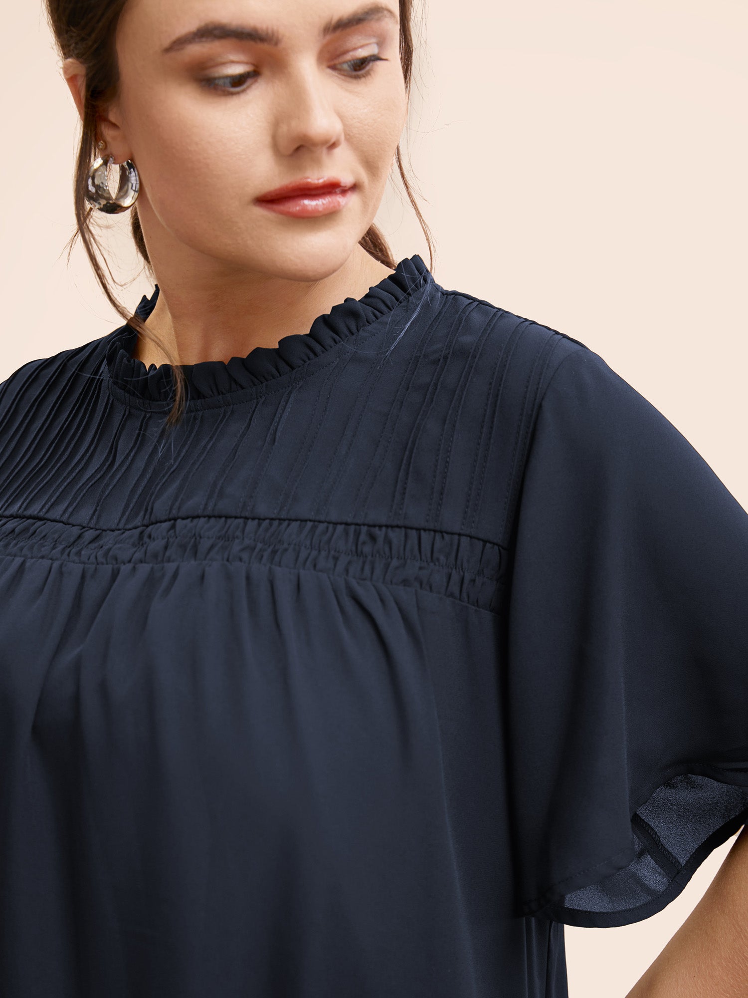 Anti-Wrinkle Shirred Ruffle Sleeve Mesh Frill Trim Blouse