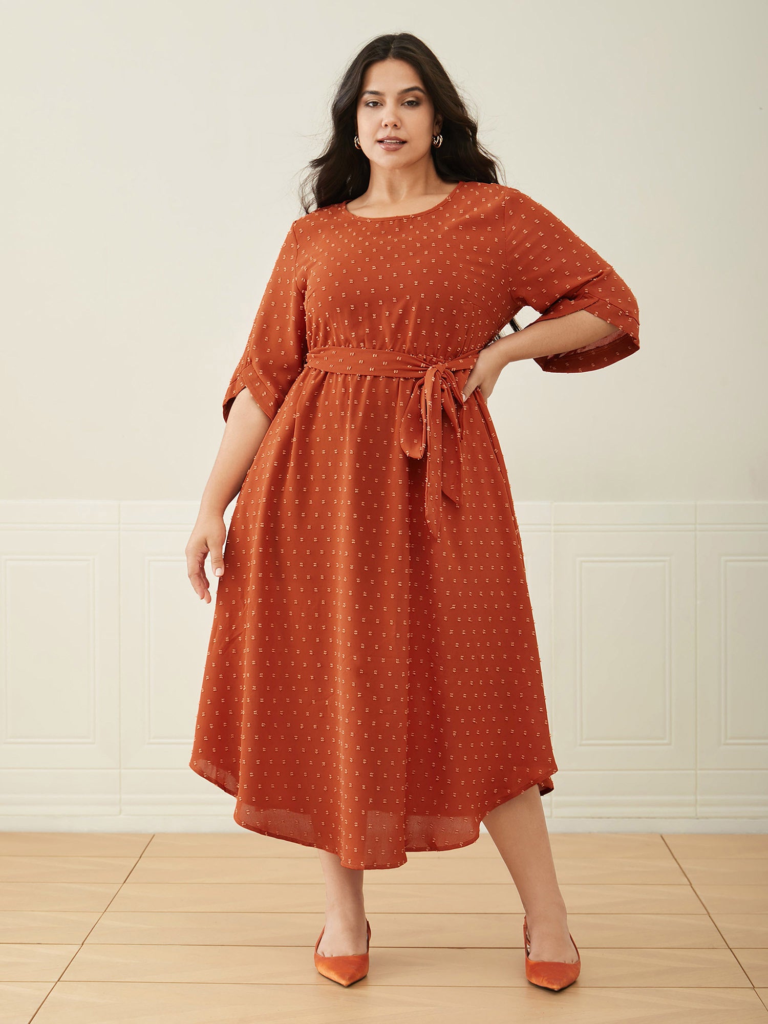 Textured Bell Sleeve Belted Arc Hem Dress