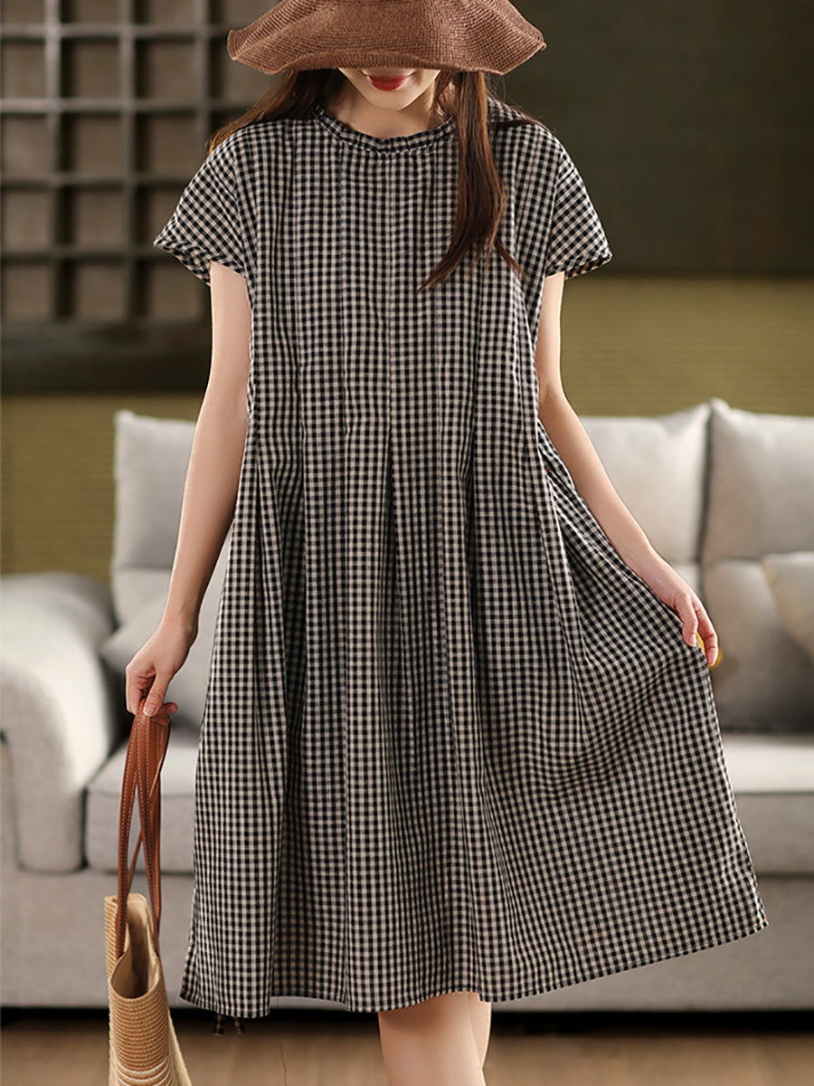 Women Summer Vintage Plaid Stand Collar 100%Cotton Dress