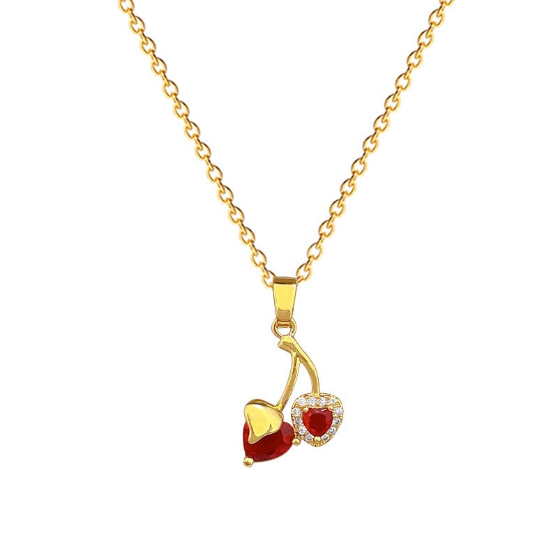 Love Cherry Full Diamond Fashion Gorgeous Full Diamond Necklace Women'S All-Match Clavicle Chain Titanium Steel