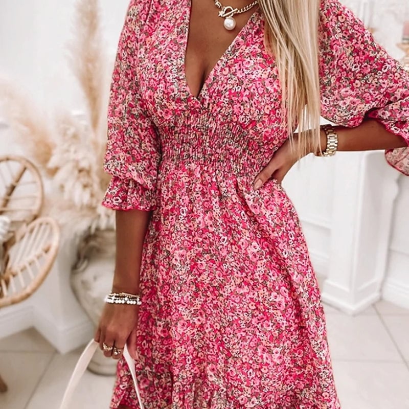 49% OFF🔥Puff Sleeve Mid Waist Floral Dress