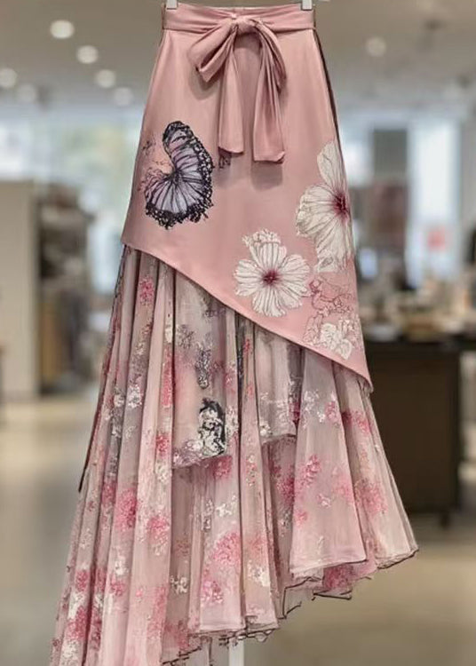 Beautiful Pink Print Lace Up Patchwork Chiffon Skirts Summer