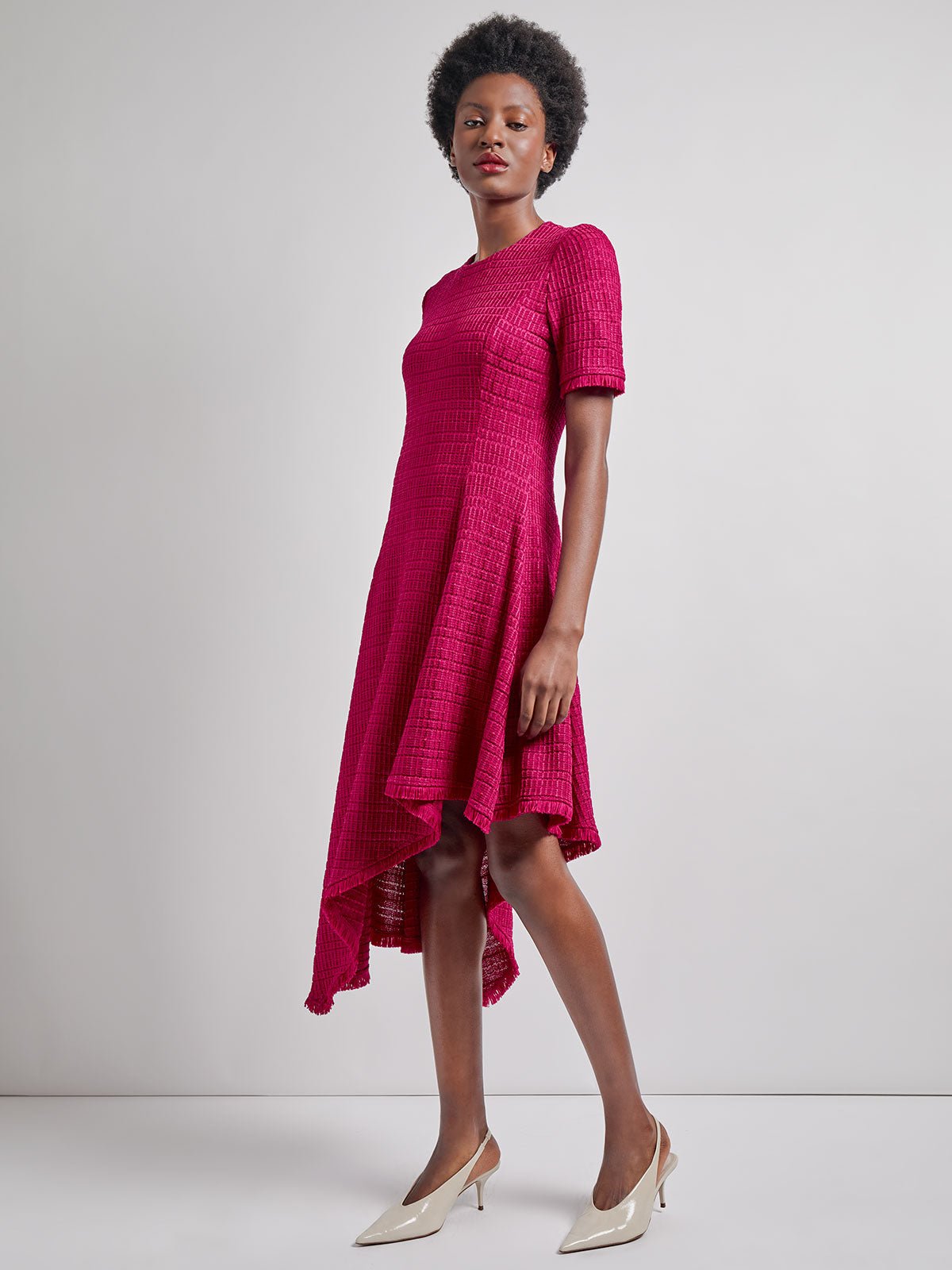 Fit & Flare Tonal Textured Asymmetrical Knit Dress - Modern Fit