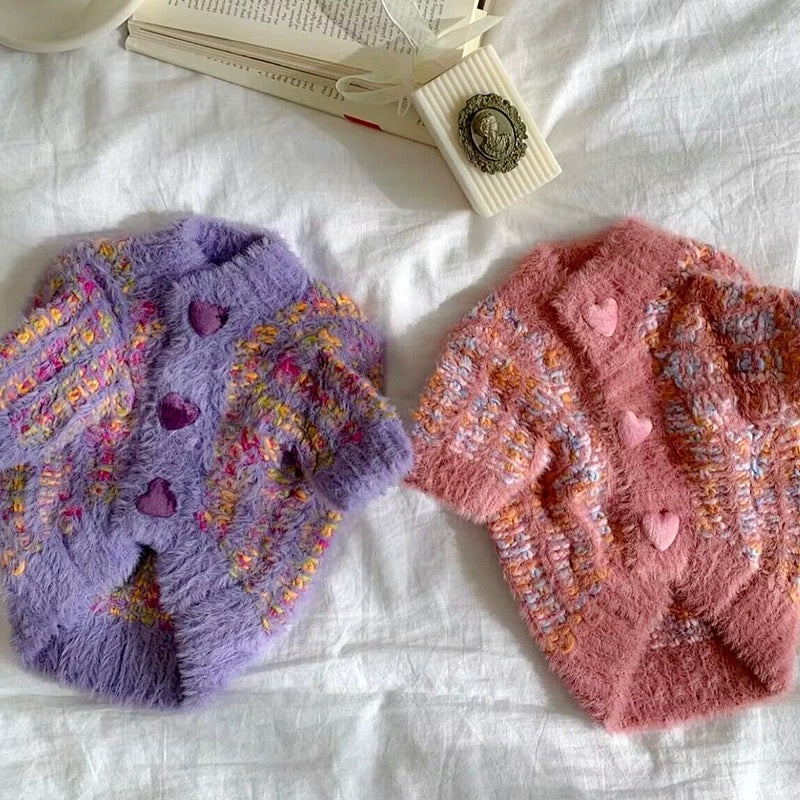 Colorful Warm Heart Buttoned Dog Cat Cardigan