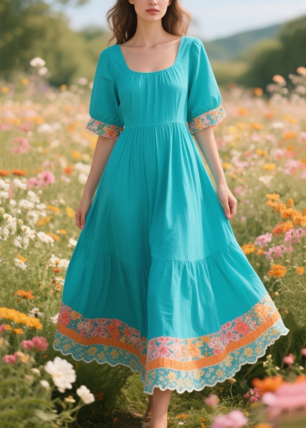 Loose Blue U Neck Patchwork Print Cotton Dress Summer