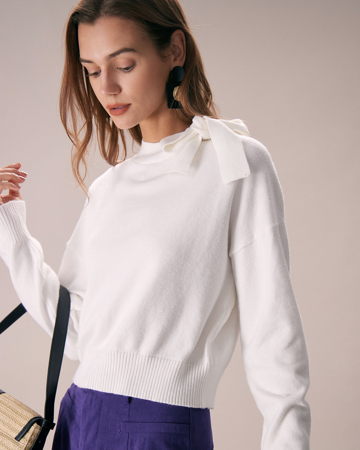 The White Mock Neck Tie Ribbed Knit Top