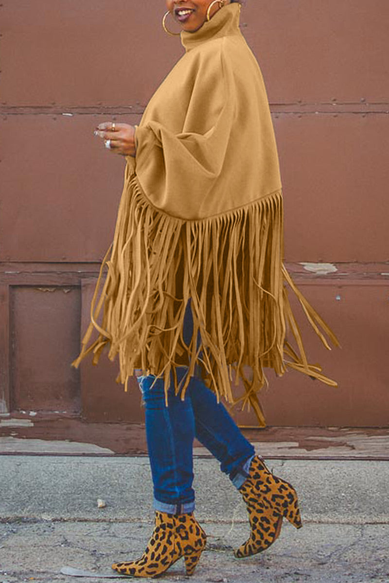 Fashion Vintage Solid Tassel Turtleneck Plus Size Overcoat