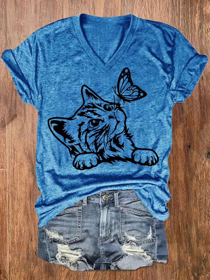 Women's Cute Cat with Butterfly Print V-Neck T-Shirt