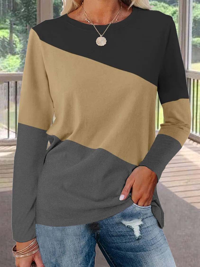 Crew Neck Color Block Casual Long Sleeve T-Shirt/Tee