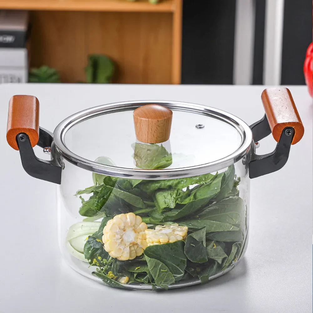 HEAT-RESISTANT STOCK POT WITH WOODEN HANDLE CLEAR LID SPACIOUS DESIGN