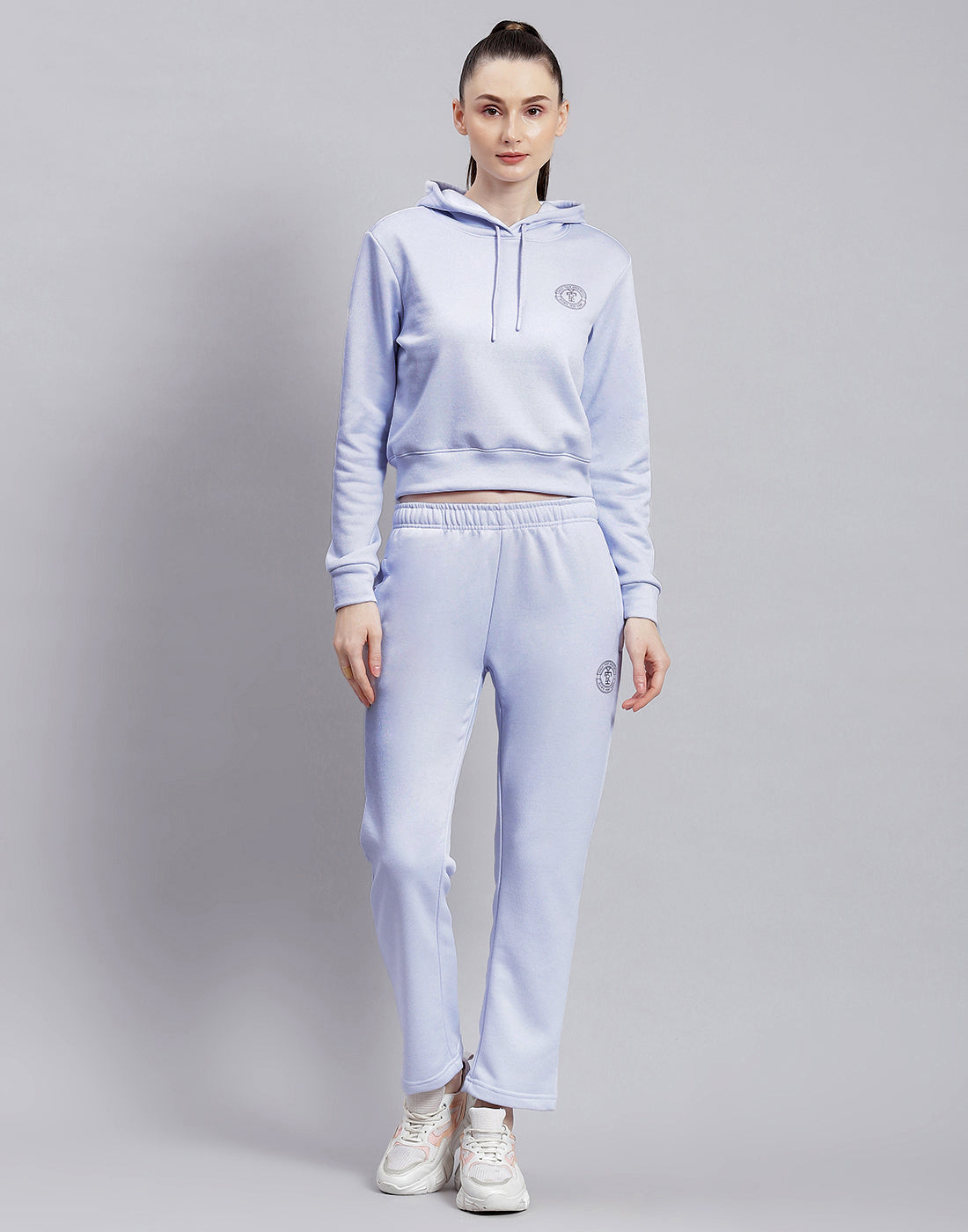 Women Blue Solid Hooded Full Sleeve Tracksuit