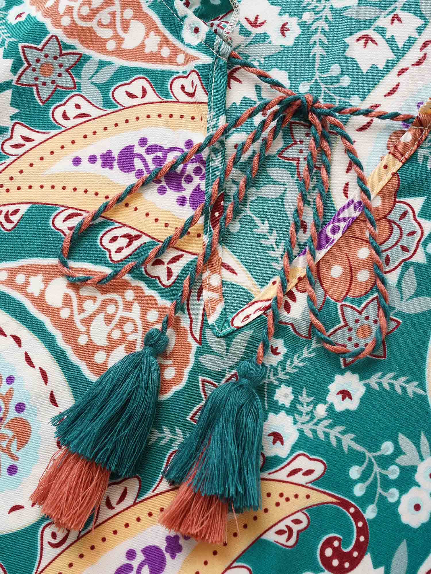 Boho Print Tassels Lantern Sleeve Blouse