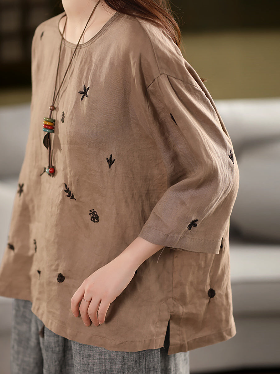 Women Spring O-Neck Flower Embroidery 100%Linen Shirt