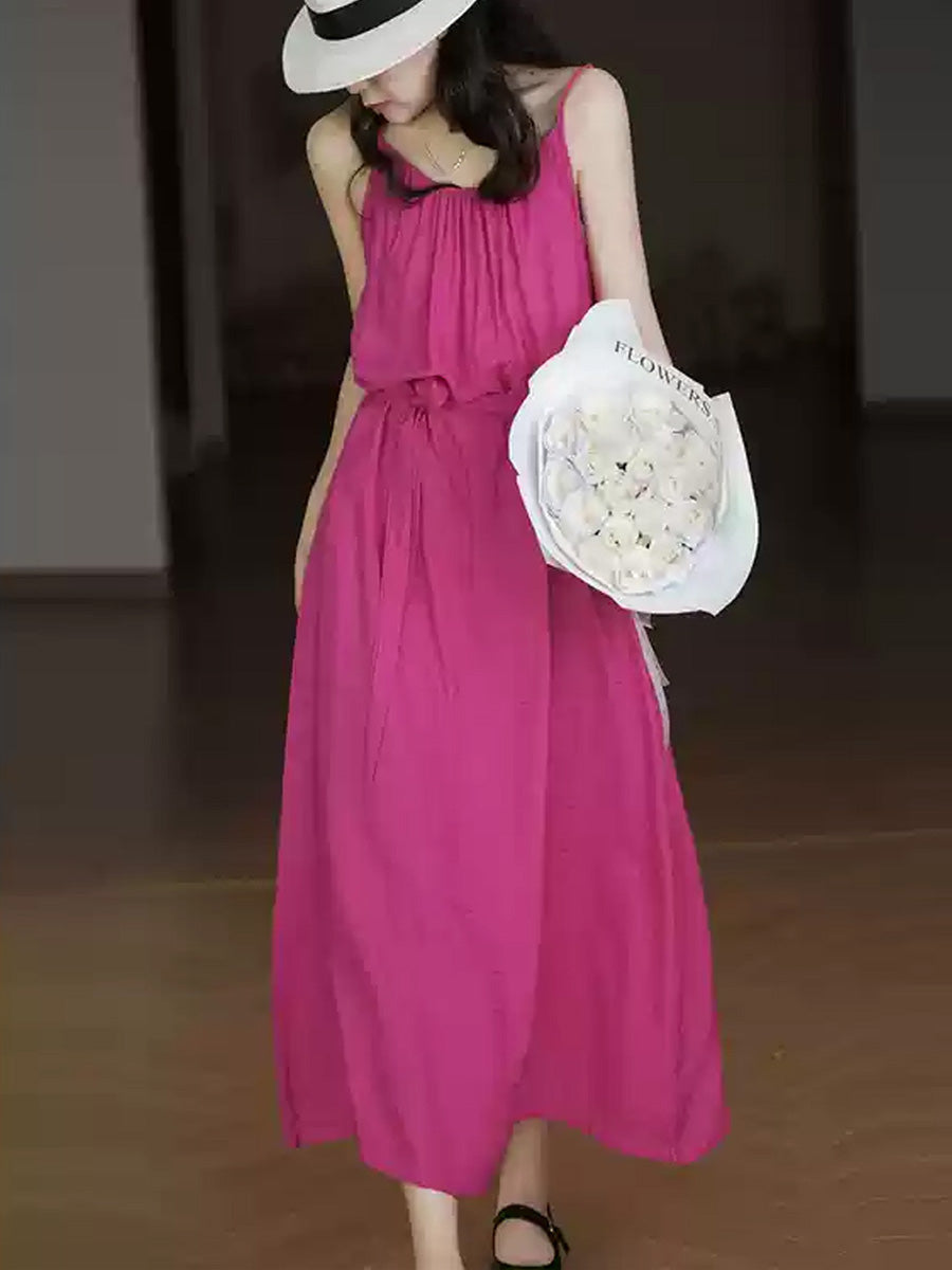 Women Summer Pure Color O-Neck Cotton Vest Dress
