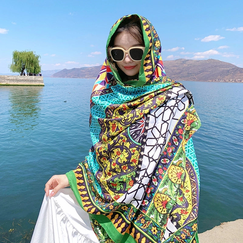 Silk Scarf Women's Summer Seaside Beach Sunscreen Shawl Scarf Dual-use  Long Ethnic Style Plus Size Travel Silk Scarf