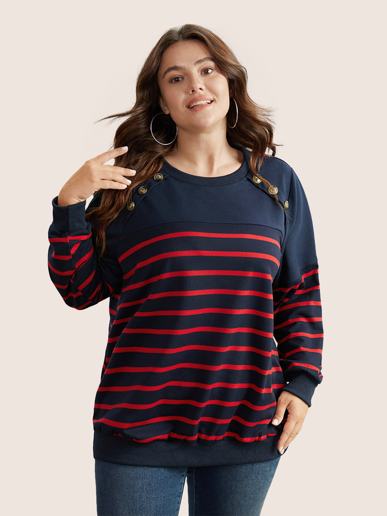 Striped Patchwork Button Detail Sweatshirt