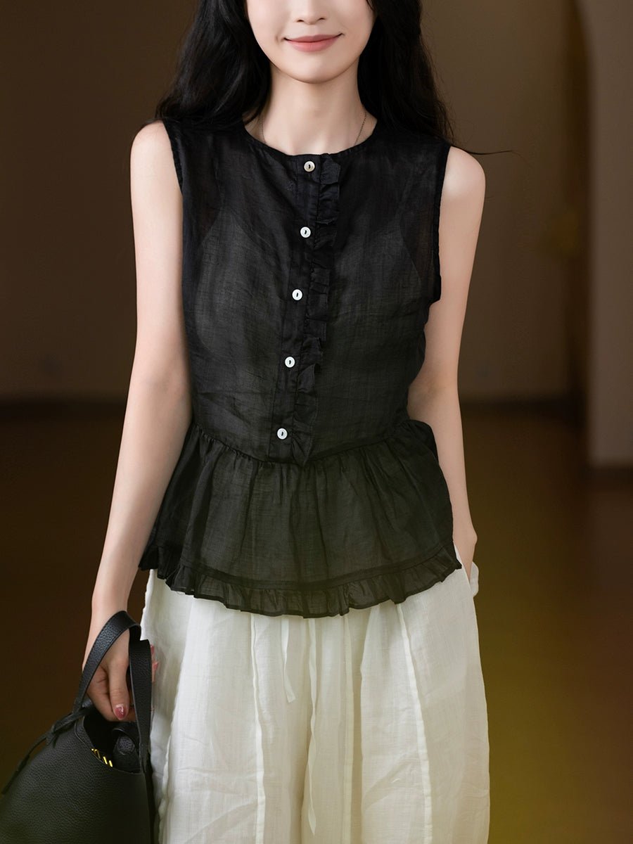 Women Summer Artsy Pure Color O-Neck 100%Ramie Vest