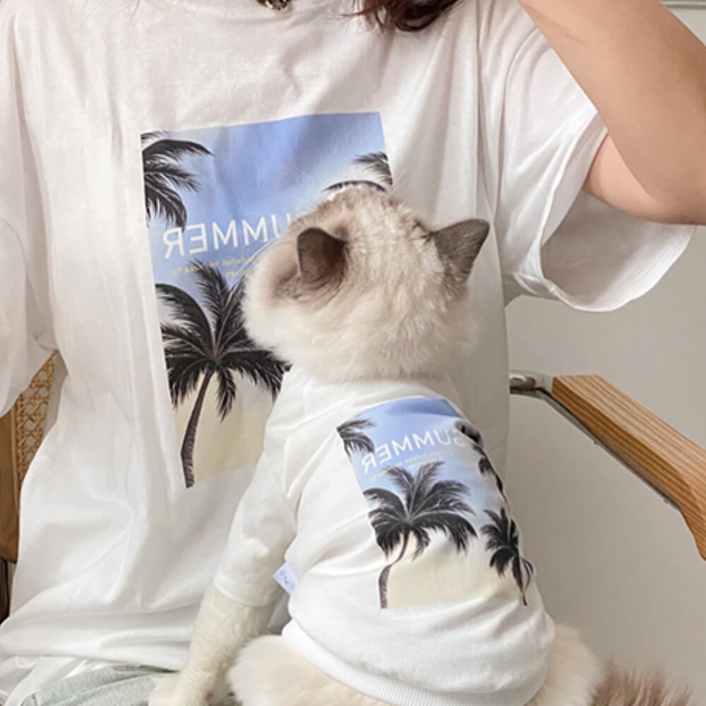 Summer Palm Tree Print Round-Neck Matching Tees for Dog and Owner