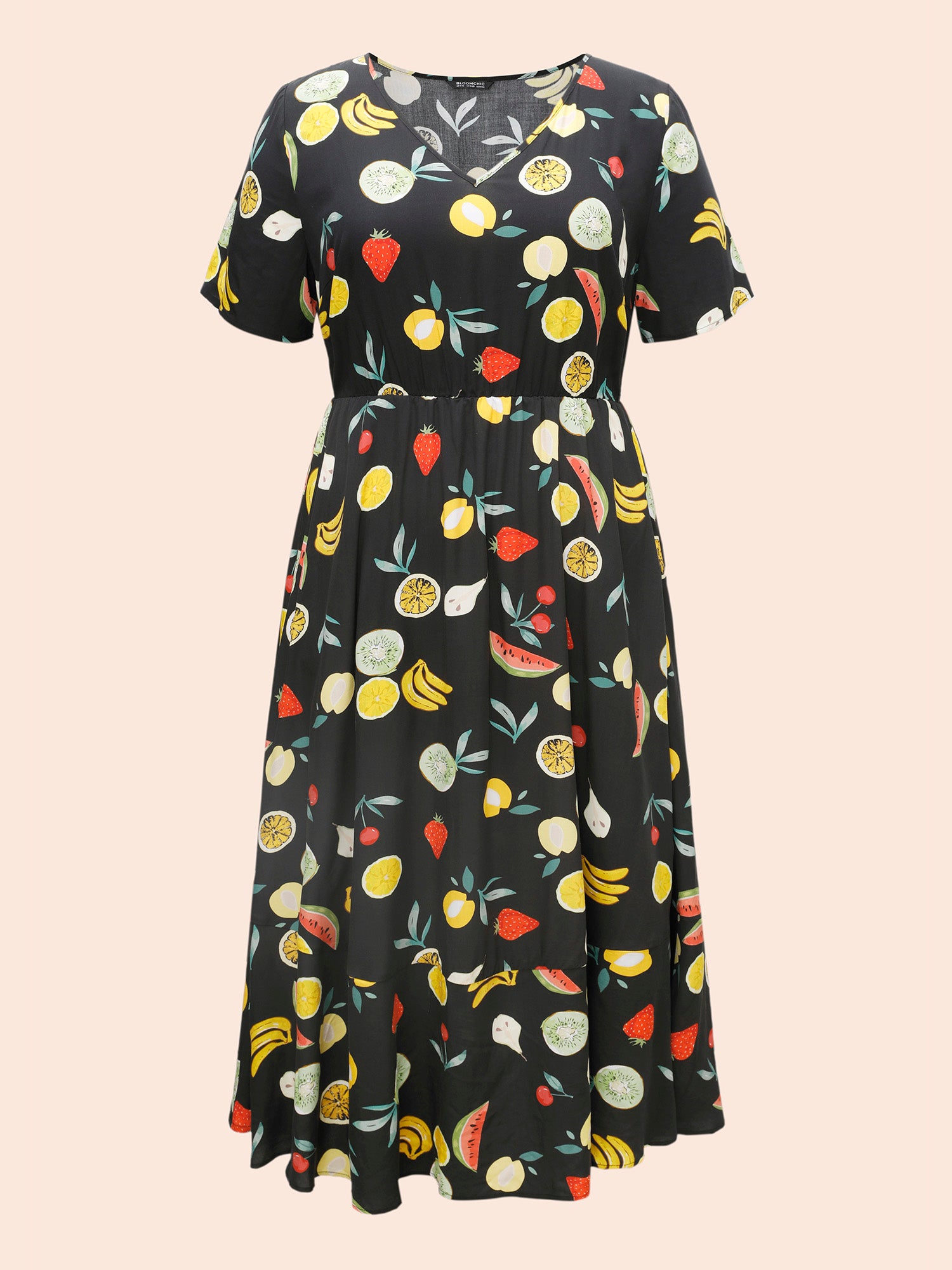 Fruit Print Elastic Waist Gathered Dress