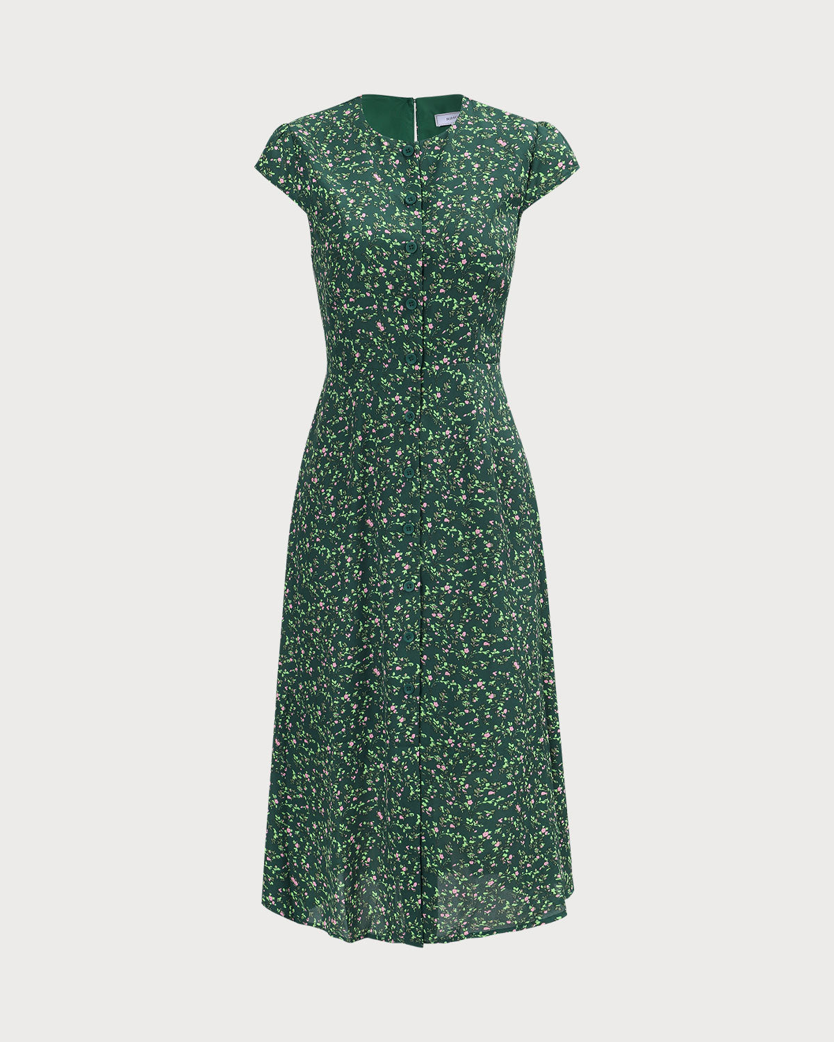 The Green Crew Neck Button-up Floral Midi Dress