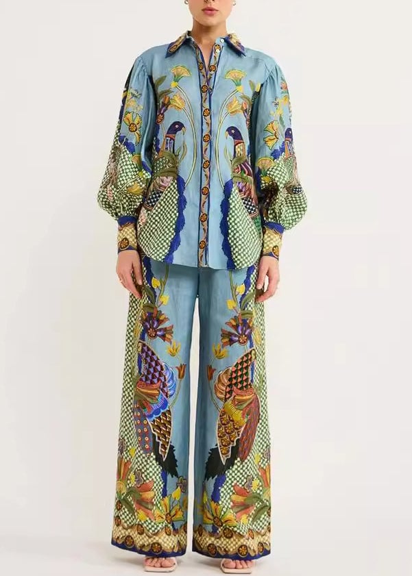 Fashion Green Peter Pan Collar Print Shirts And Wide Leg Pants Two Pieces Set Fall