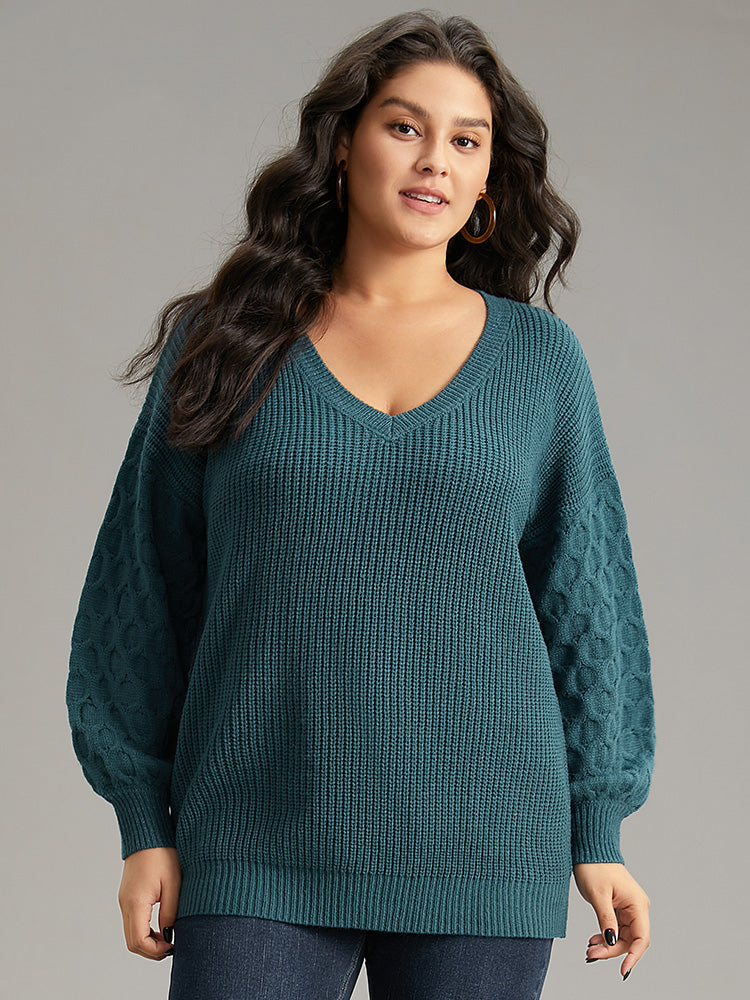 Solid Cable Knit V Neck Drop Shoulder Pullover