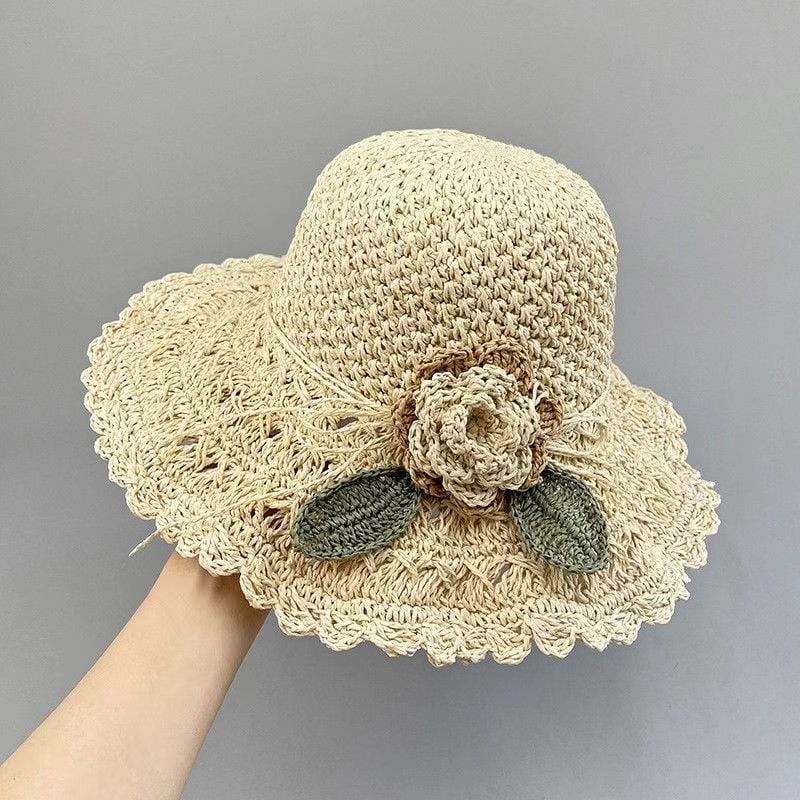 Elegante Sombrero De Paja De Crochet Con Detalle De Volantes