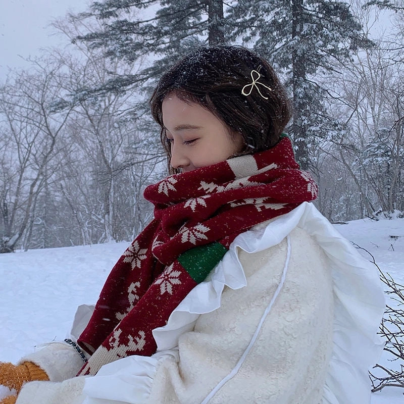 Christmas Elk Big Scarf Women's Autumn And Winter Versatile Cute Girl's Heart Long Knitted Wool Scarf Winter Warm