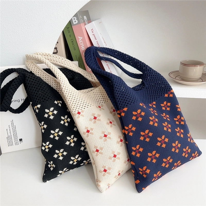 Women's Medium Knit Flower Basic Classic Style Square Open Shoulder Bag