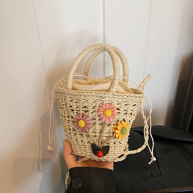 Women's Medium Straw Solid Color Flower Vacation Beach Weave Bucket String Straw Bag