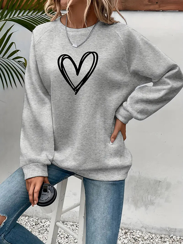 Long Sleeves Loose Heart Print Split-Joint Round-Neck Sweatshirt Tops