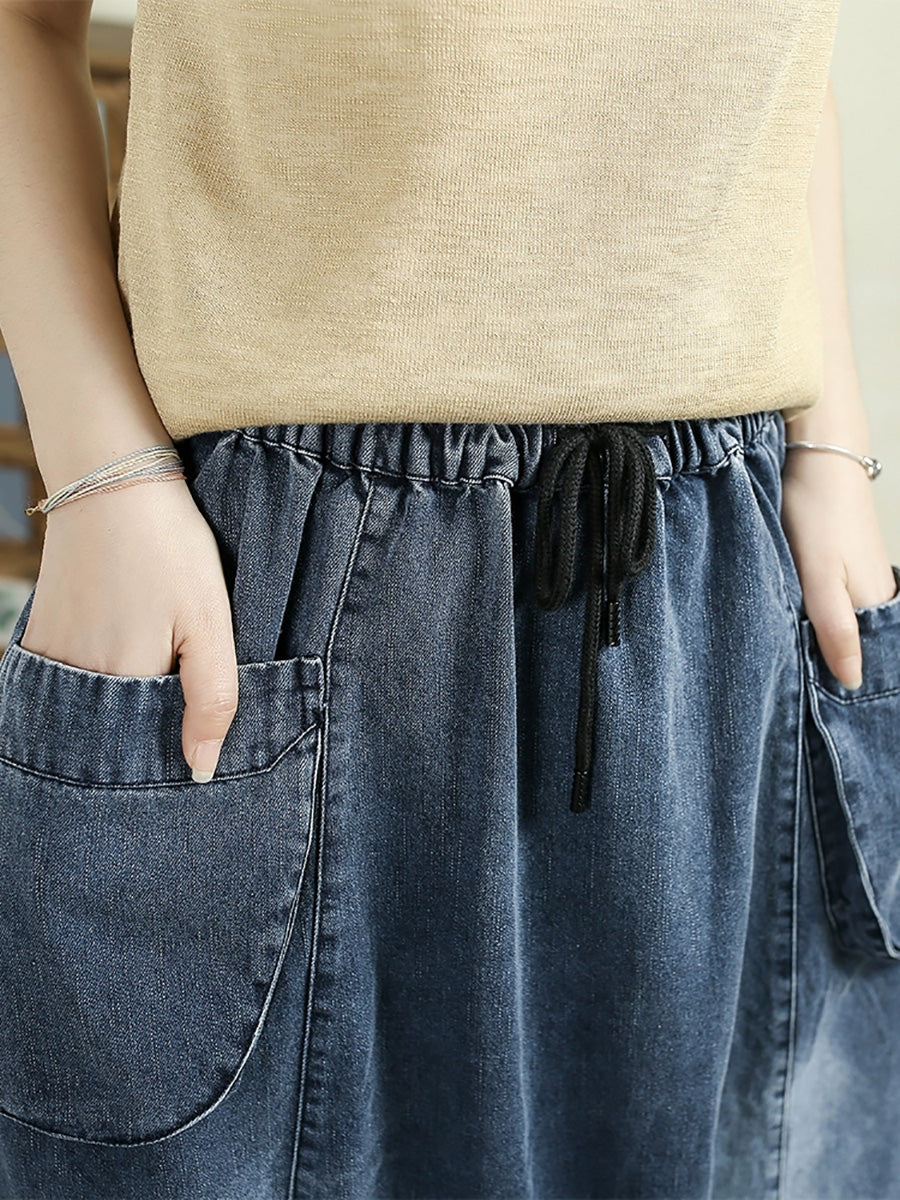 Women Spring Artsy Denim Spliced Pocket Skirt