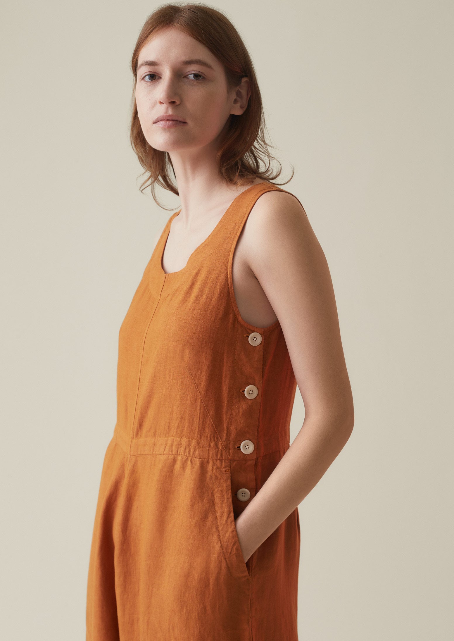 Garment Dyed Linen Side Button Jumpsuit | Copper
