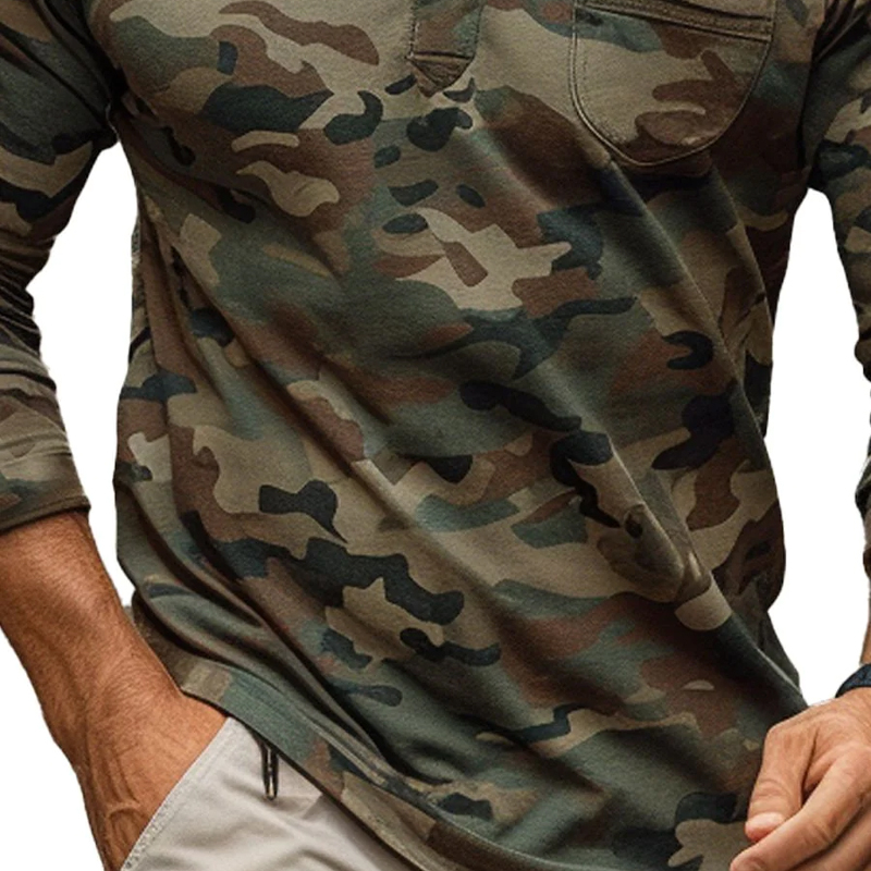 Single Pocket Retro Camouflage Casual Long Sleeve Polo T-Shirt